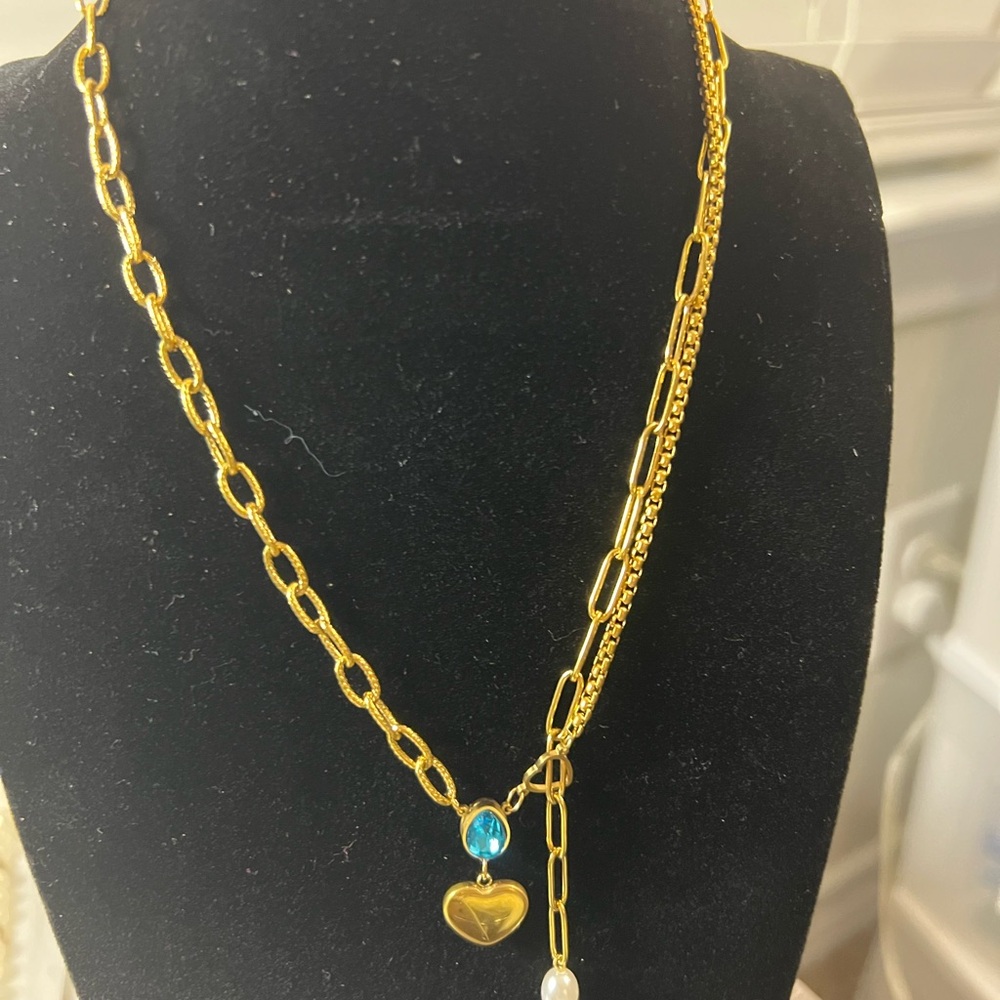 Gold plated stainless steel Necklace with Heart blue pearl Pendant 18”